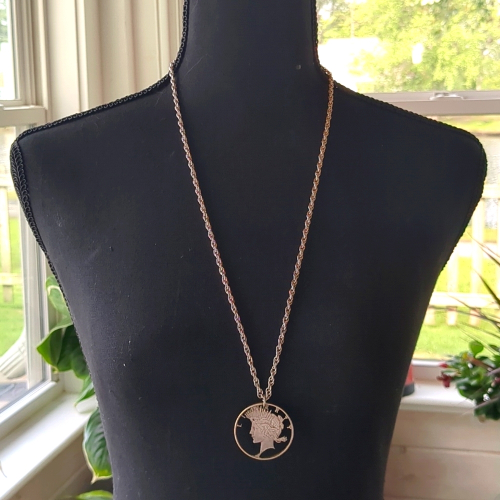 VTG 60s Silver Liberty Dollar Necklace, Pendant Custom Cut Out Head Authentic